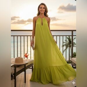 Love & Lemonade Lime Green Halter Maxi Dress Keyhole Backless Tiered Boho Large